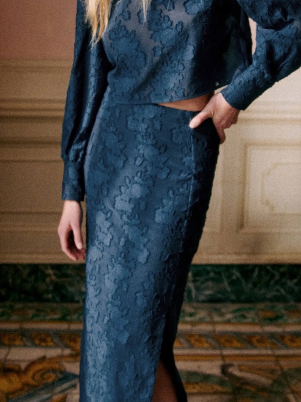 SEZANE EDITIONS Navy Blue Floral Jacquard Textured Tabitha Midi Maxi Skirt